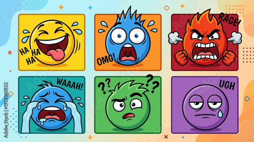 Collection of six emoticon faces expressions.