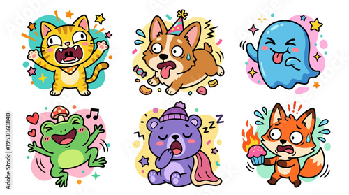 Colorful cartoon animal emoticon faces.