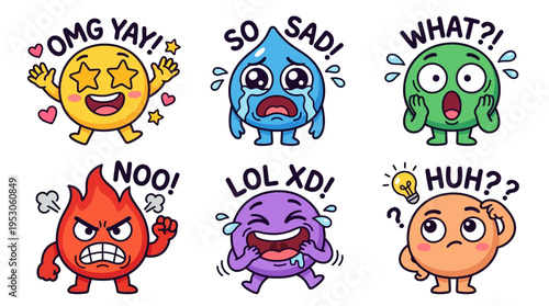 Colorful cartoon emoticon faces expressions.
