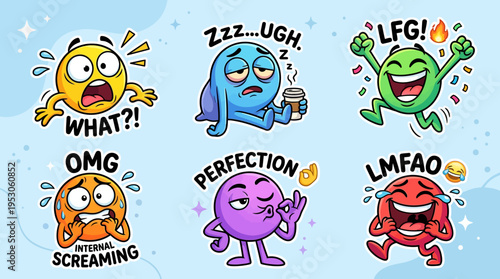 Colorful cartoon emoticon characters expressions.