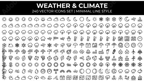 Weather icons, climate symbols, 240 vector graphics, minimal line style set vector illustration