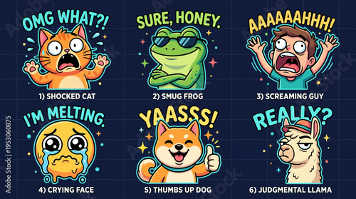 Emotions expressed by cartoon animal faces.