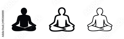Meditation lotus pose icon set, yoga person sitting in cross-legged position for mindfulness