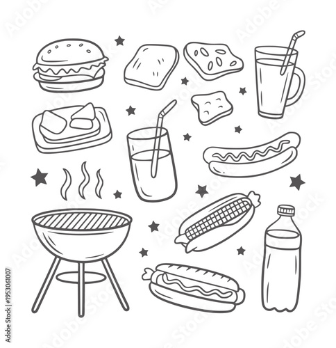 Black and white hand drawn doodle of barbecue food and drinks grill burger 1 hotdog