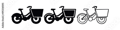 Cargo bicycle with front basket icon set, delivery bike for urban transport illustration