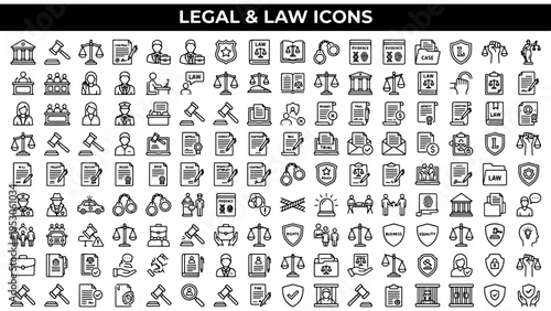Set of 100 Legal and Law Icons Vector Collection for Justice, Attorney, Court, and Business Services. Modern Outline Style for Website, App, and Presentation Design.