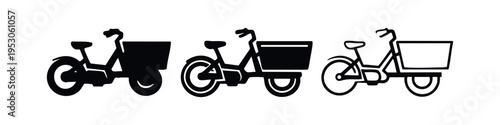Cargo bike icon set, delivery bicycle with front basket, urban logistics and eco-friendly transport vector illustration