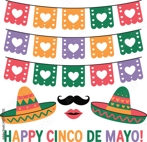 Cinco de mayo illustration set, happy cinco de mayo lettering, sombrero hats mustache lips, decorative flags bunting, mexican celebration design, playful graphic style, isolated background