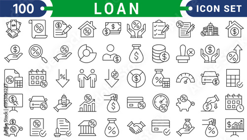 Set of 50 outline icons related to loan, lending, credit. Linear icon collection. Editable stroke. Vector illustration