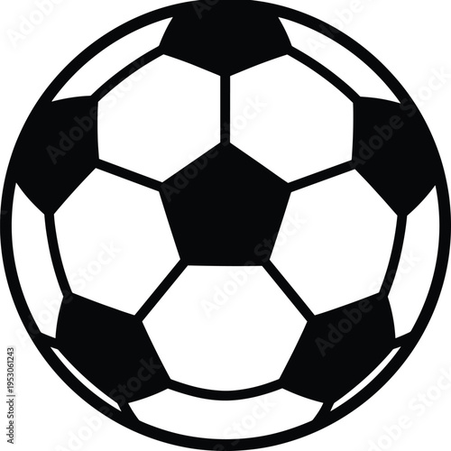 Classic soccer ball vector illustration icon, football sports equipment with black pentagons, isolated athletic game element for competition.