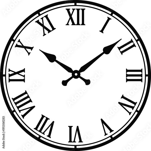 Classic vintage wall clock face with roman numerals, elegant round watch dial, antique time management symbol, decorative white circle vector, old fashioned timepiece