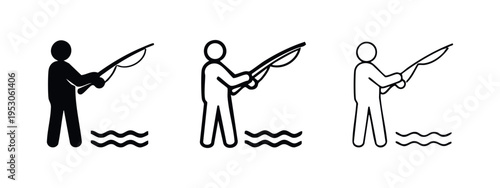 Person fishing with a fishing rod in water icon set showing an angler