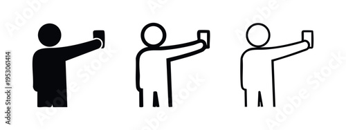 Person holding a smartphone to take a selfie or photograph icon set