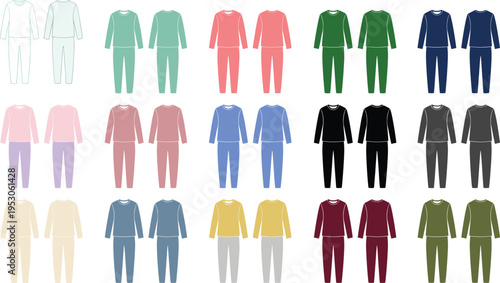 Collection of colorful long sleeve pajama suits, flat lounge wear for men and women, comfortable cotton sleepwear outfit,