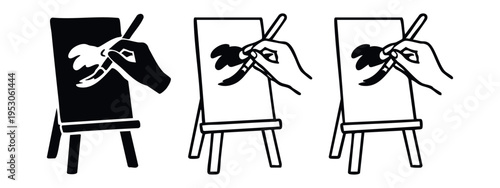 Hand Painting on Easel with Brush Icon Set