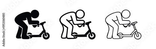 Person Repairing Electric Scooter Icon Set. Man Fixing E-Scooter Maintenance Pictogram. Urban Transportation Service Vector.