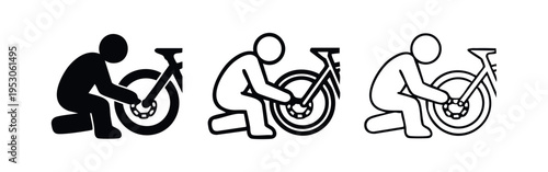 Man Repairing Bicycle Wheel Icon Set. Person Fixing Bike Maintenance Pictogram. Cycling Service Vector Illustration.