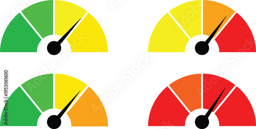 Colorful speed gauge meter infographic, credit score indicator vector illustration, performance level chart symbol, risk assessment presentation element, flat design.