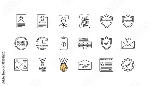 Member ID document, customer icon outline, biometric fingerprint scan, premium shield badge, bonus points icon, renewal reminder