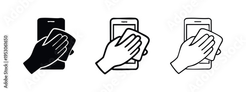 Hand Wiping Smartphone Screen Icon Set. Mobile Phone Cleaning Vector. Device Sanitization Pictogram for Health.