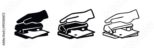 Hand Punching Holes in Paper with Hole Puncher Icon Set - Versatile Office Tool for Document Preparation, Graphic Asset