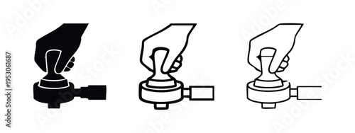 Hand Tamping Coffee Grounds with Espresso Tamper Icon Set - Barista Tool for Coffee Preparation and Brewing Symbol