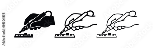 Hand holding a soldering iron, working on a circuit board to connect electronic components. Icon set in three styles.