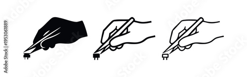 Hand inserting a USB connector into a port, representing digital connection and data transfer. Icon set in three styles.