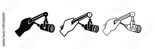 Hand holding a dynamic microphone on a stand, suitable for interviews, live performances, or audio recording. Icon set.
