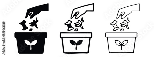 Composting organic waste into a plant pot icon set; Hand dropping compostable scraps for plant growth symbol