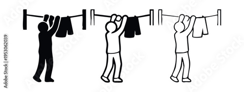 Person hanging clothes on a clothesline icon set; Laundry day and household chore vector illustration