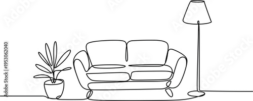 Minimalist line drawing of a cozy living room corner with a sofa and plant
