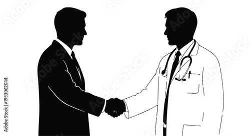 Doctor and businessman shaking hands in professional medical partnership or agreement illustration