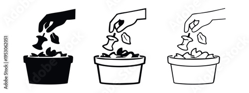Hand dropping organic food waste into a compost bin icon set; Recycling apple cores and fruit scraps vector