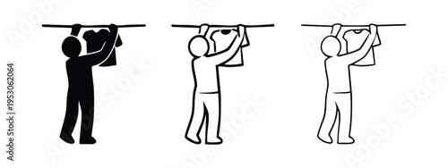 Person hanging a t-shirt on a clothesline icon set; Laundry day activities and drying clothes symbol