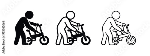 Person with a folding bicycle icon set; Urban cycling and compact bike symbol for mobility