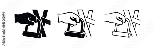 Hand locking a bicycle with a U-lock icon set; Bicycle security and theft prevention symbol