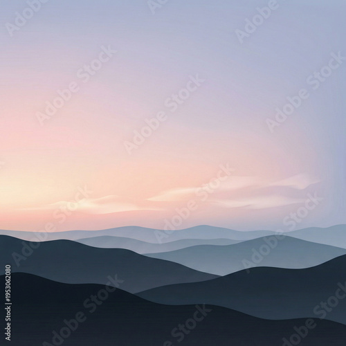Layered mountain silhouette landscape with soft pastel dawn sky