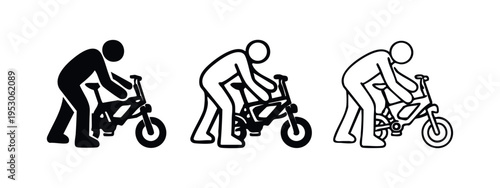 Person riding a folding bicycle icon set; Urban commuter with a compact bike symbol for transportation