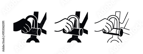 Hand securing a bike with a U-lock icon set; Bicycle theft protection and urban safety symbol