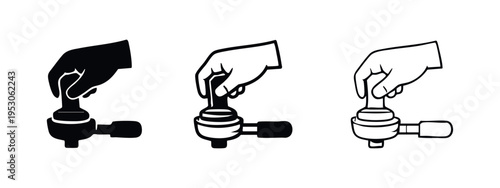 Hand Tamping Coffee with Portafilter Icon Set, Espresso Preparation Symbol