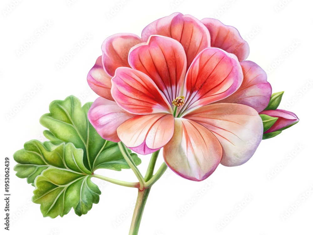 Fototapeta premium Watercolor Painting of a Beautiful Pink and Orange Geranium Flower with Green Leaves