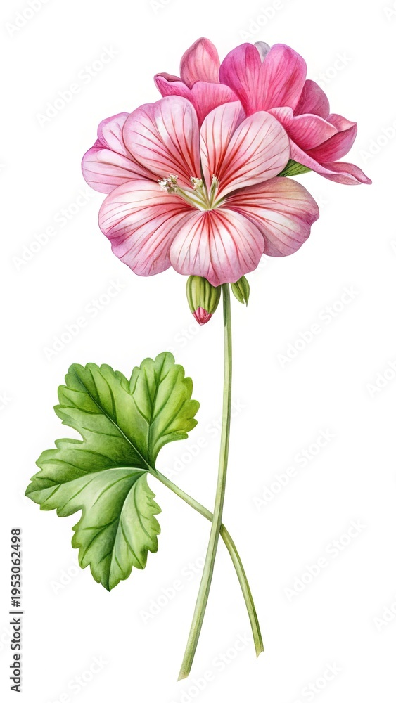 Obraz premium Elegant botanical watercolor painting of a pink Geranium with green leaf detail