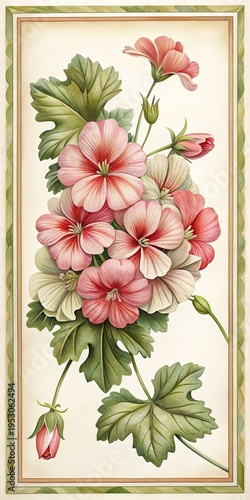 Wallpaper Mural Elegant Vintage Botanical Illustration of Pink and White Geranium Flowers and Leaves Torontodigital.ca