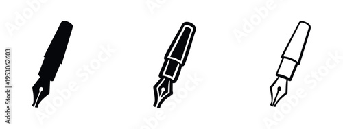 Fountain Pen Nib Icon Set. Classic Calligraphy and Writing Instrument Element.