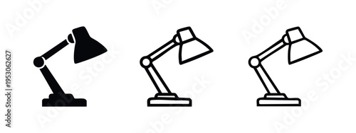 Modern Desk Lamp Icon Set. Adjustable Table Light Symbols in Solid, Outline, and Thin Line Styles.