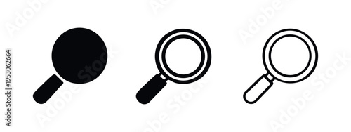 Magnifying Glass Icon Set. Search and Zoom Vector Symbols with Rounded Handle in Different Styles.