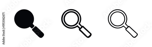Magnifying Glass Icon Set. Search and Zoom Vector Symbols with Straight Handle in Different Styles.