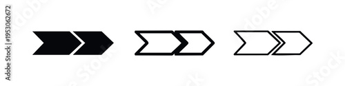 Double Right Arrow Icon Set. Next and Fast Forward Chevron Symbols in Solid, Outline, and Thin Line Styles.