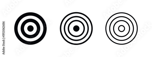 Target Icon Set with Center Dot. Bullseye Goal Vector Symbols in Solid, Outline, and Thin Line Styles.